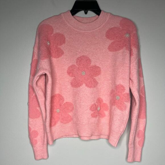 Nanette Lepore Soft Pink Fuzzy Flower & Pearl Crew Neck Sweater Size Small - Picture 1 of 11